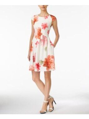 NWT Calvin Klein Scuba Fit & Flare Dress Sz 14 Cap-sleeve Floral-print Womens